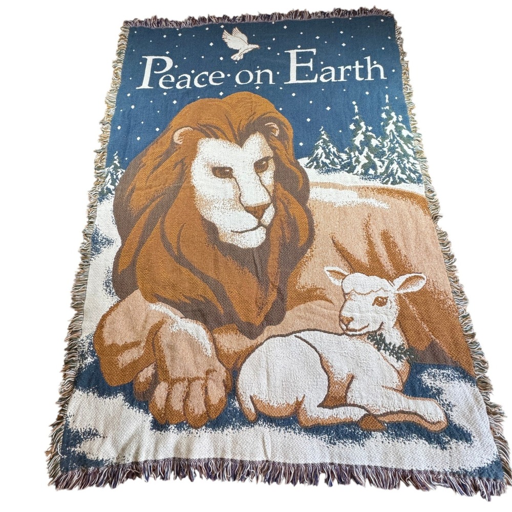 Peace on Earth Woven Tapestry Throw Blanket Lion Lamb Dove 70x47 Blue Vintage